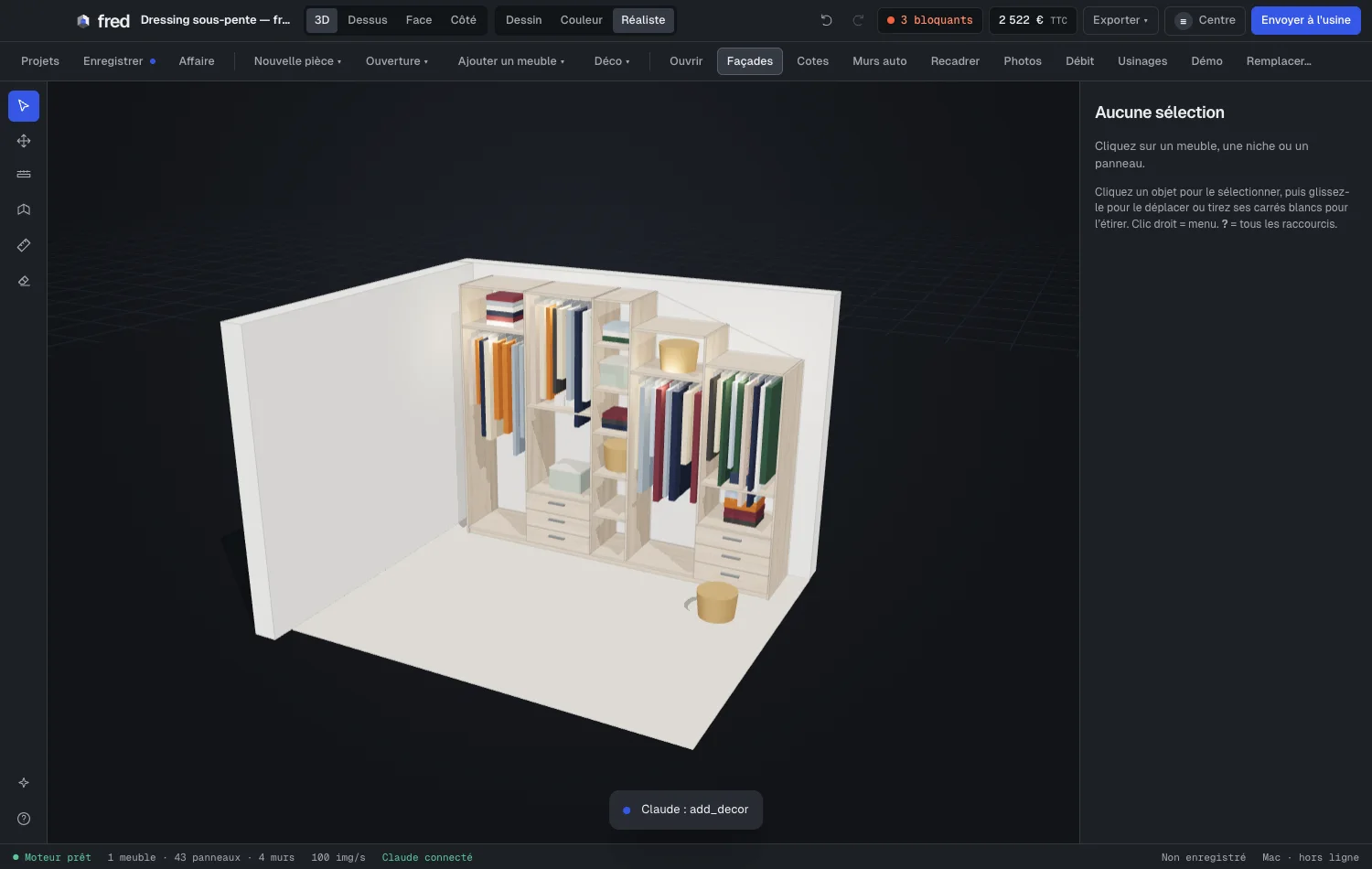 FRED : un dressing sous-pente en frêne, vue 3D réaliste