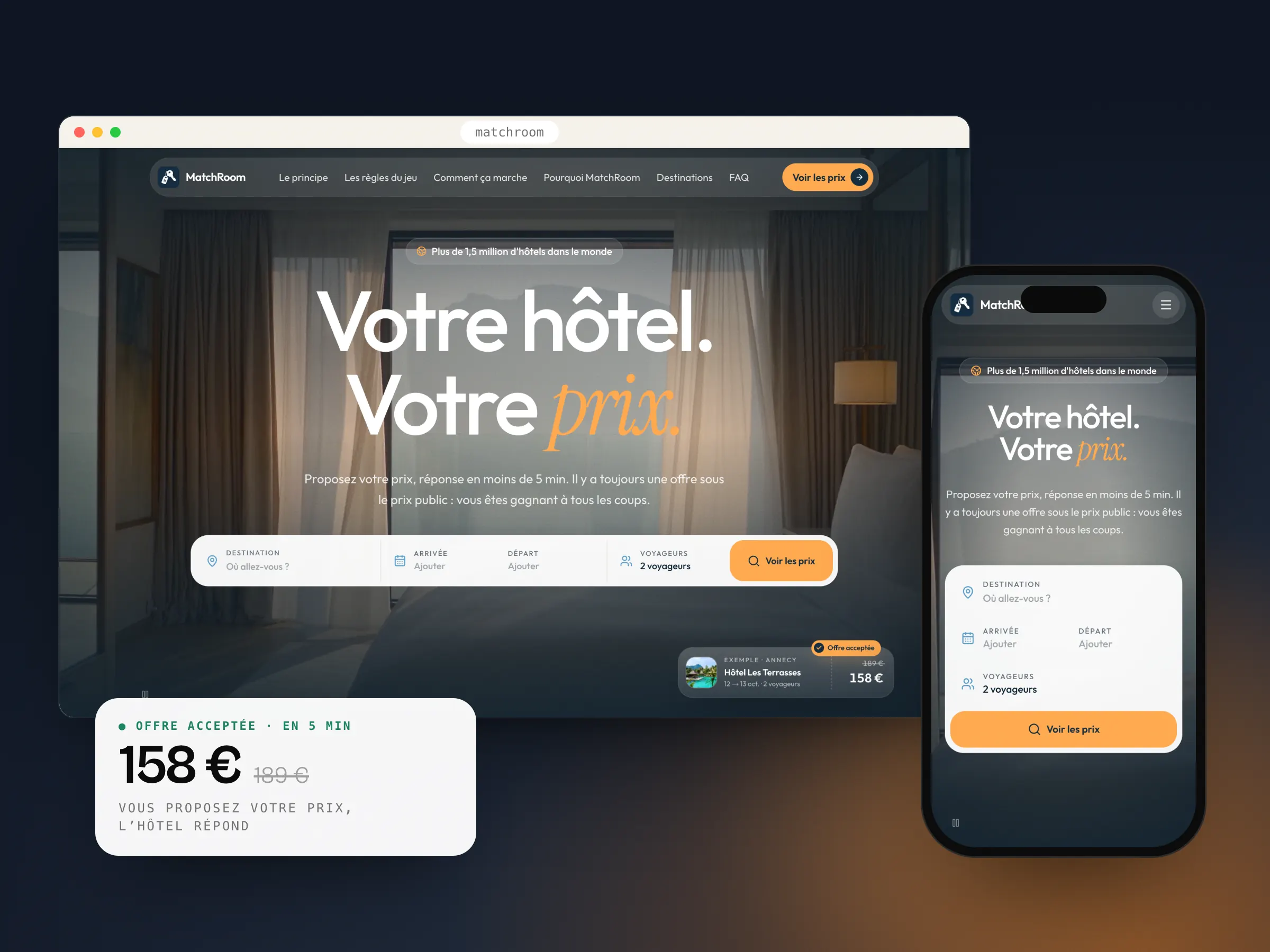 MatchRoom : la page de lancement sur ordinateur et sur mobile, avec une offre acceptée à 158 € au lieu de 189 €